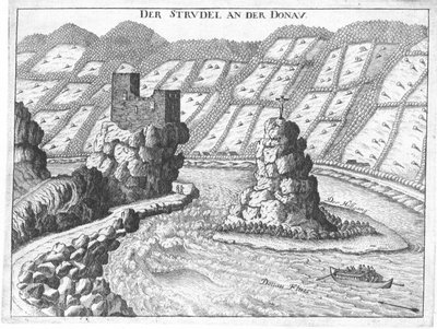 Kupferstich, Ansicht der Burg Werfenstein und der Insel Wörth, Oberösterreich von Georg Matthaus Vischer